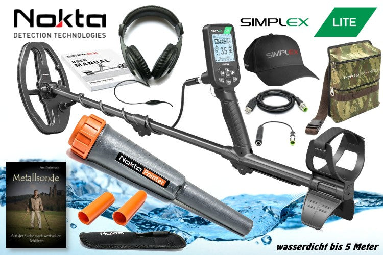 Nokta Simplex LIGHT Metalldetektor Ausrüstungspaket (Metalldetektor mit Nokta Pinpointer & Schatzsucherhandbuch & Fundtasche & Kopfhörer)