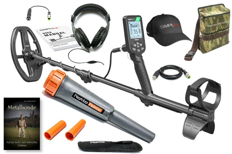Nokta Simplex LIGHT Metalldetektor Ausrüstungspaket (Metalldetektor mit Nokta Pinpointer & Schatzsucherhandbuch & Fundtasche & Kopfhörer)